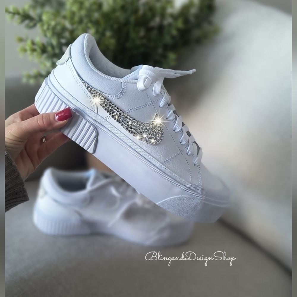 Women's Nike Court Legacy Lift White Sneakers Customized With Clear Crystals